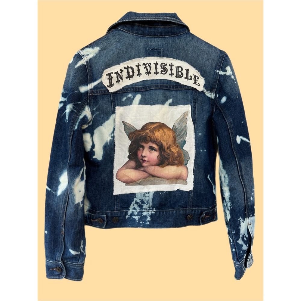 Upcycled Denim Jacket Angel Patch INDIVISIBLE Bleach Splatter M